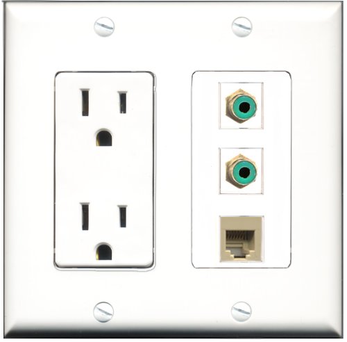 RiteAV - 15 Amp Power Outlet 2 Port RCA Green 1 Port Phone Beige Decorative Wall Plate