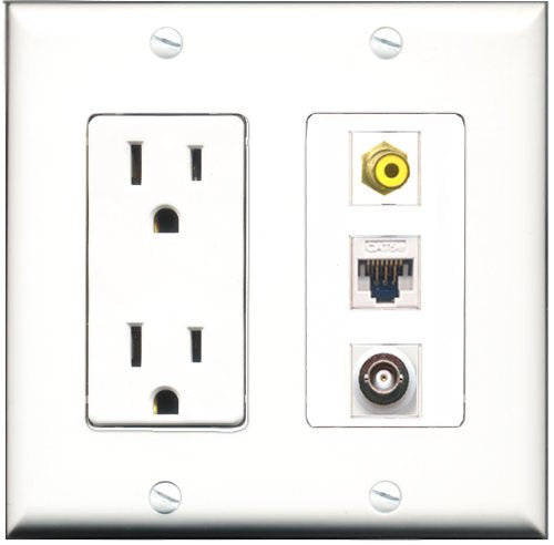 RiteAV - 15 Amp Power Outlet 1 Port RCA Yellow 1 Port BNC 1 Port Cat5e Ethernet White Decorative Wall Plate