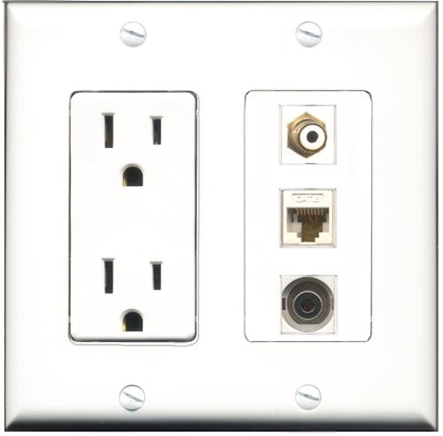 RiteAV - 15 Amp Power Outlet 1 Port RCA White 1 Port 3.5mm 1 Port Cat6 Ethernet Ethernet White Decorative Wall Plate