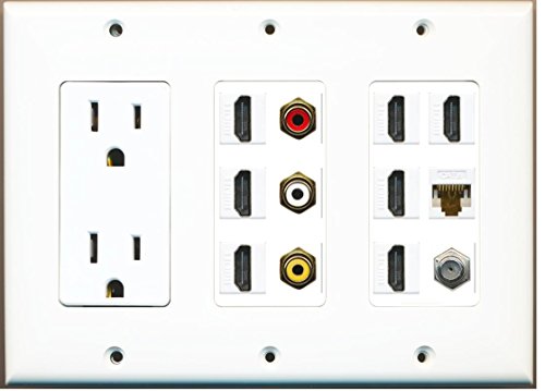 RiteAV - (3 Gang) 15A Power Outlet 7 HDMI Coax Cat6 White Composite Video Wall Plate