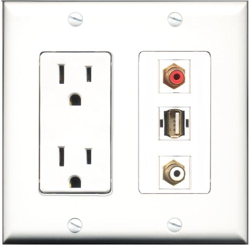 RiteAV - 15 Amp Power Outlet 1 Port RCA Red 1 Port RCA White 1 Port USB A-A Decorative Wall Plate