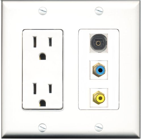 RiteAV - 15 Amp Power Outlet 1 Port RCA Yellow 1 Port RCA Blue 1 Port Toslink Decorative Wall Plate