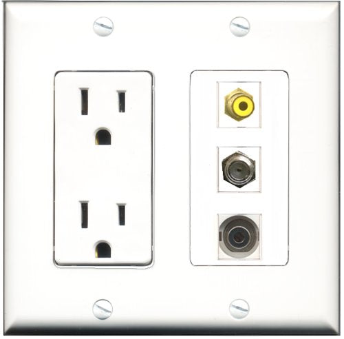 RiteAV - 15 Amp Power Outlet 1 Port RCA Yellow 1 Port Coax 1 Port 3.5mm Decorative Wall Plate