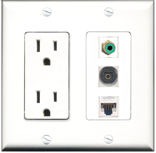 RiteAV - 15 Amp Power Outlet 1 Port RCA Green 1 Port Toslink 1 Port Cat5e Ethernet White Decorative Wall Plate
