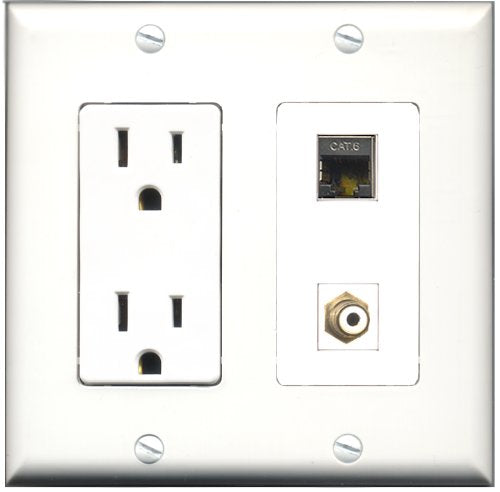 RiteAV - 15 Amp Power Outlet and 1 Port RCA White and 1 Port Shielded Cat6 Ethernet Decorative Type Wall Plate White