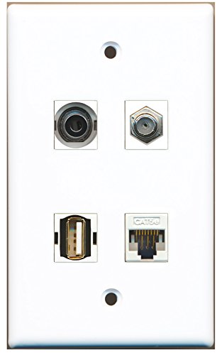 RiteAV - 1 Port Coax Cable TV- F-Type 1 Port USB A-A 1 Port 3.5mm 1 Port Cat5e Ethernet White Wall Plate