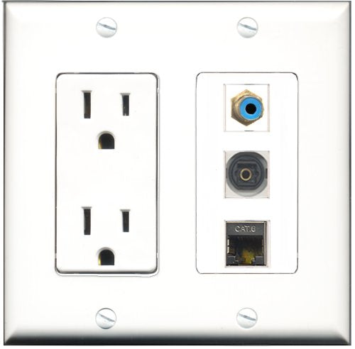 RiteAV - 15 Amp Power Outlet 1 Port RCA Blue 1 Port Shielded Cat6 Ethernet Ethernet 1 Port Toslink Decorative Wall Plate