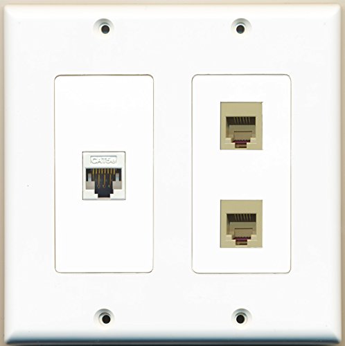 RiteAV - 2 Port Phone RJ11 RJ12 Beige 1 Port Cat5e Ethernet White - 2 Gang Wall Plate