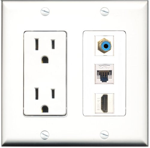 RiteAV - 15 Amp Power Outlet 1 Port HDMI 1 Port RCA Blue 1 Port Cat5e Ethernet White Decorative Wall Plate