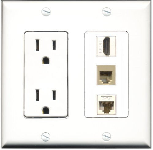 RiteAV - 15 Amp Power Outlet 1 Port HDMI 1 Port Phone Beige 1 Port Cat6 Ethernet Ethernet White Decorative Wall Plate