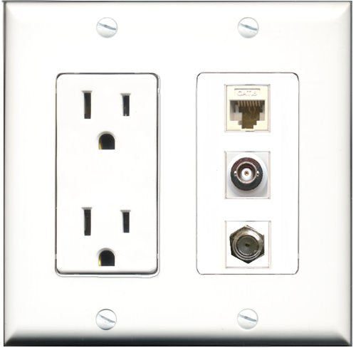 RiteAV - 15 Amp Power Outlet 1 Port Coax 1 Port BNC 1 Port Cat6 Ethernet Ethernet White Decorative Wall Plate