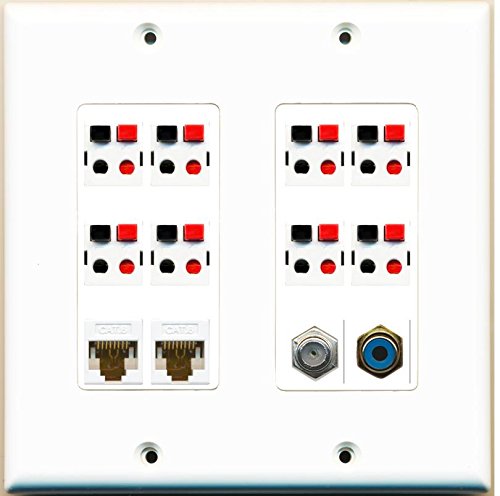 RiteAV - (2 Gang Decorative) Coax 2 Cat6 White RCA Blue 8 Speaker Jack Wall Plate White