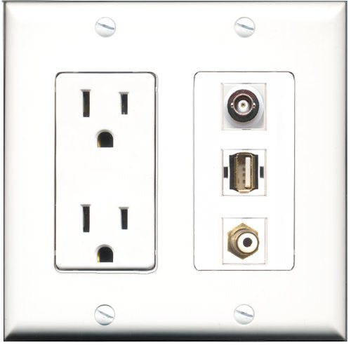 RiteAV - 15 Amp Power Outlet 1 Port RCA White 1 Port USB A-A 1 Port BNC Decorative Wall Plate
