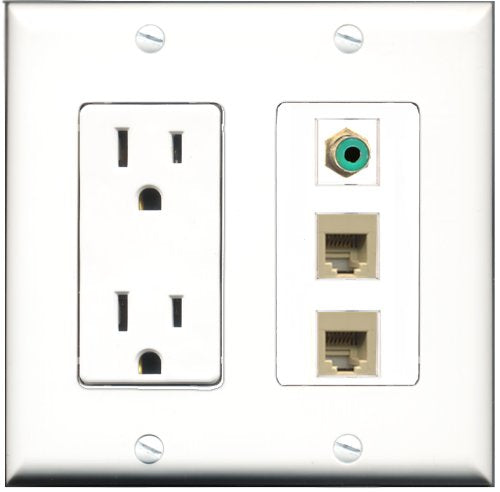 RiteAV - 15 Amp Power Outlet 1 Port RCA Green 2 Port Phone Beige Decorative Wall Plate