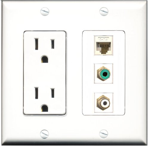 RiteAV - 15 Amp Power Outlet 1 Port RCA White 1 Port RCA Green 1 Port Cat6 Ethernet Ethernet White Decorative Wall Plate