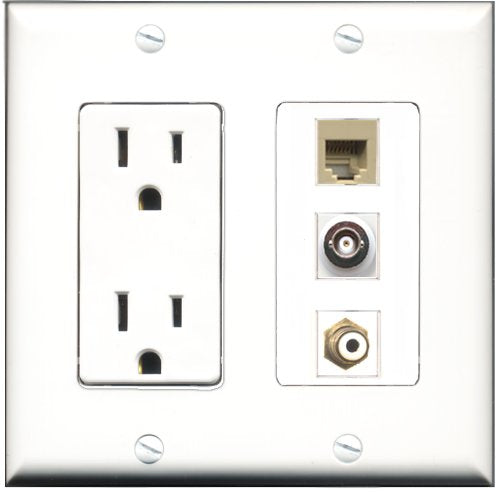 RiteAV - 15 Amp Power Outlet 1 Port RCA White 1 Port Phone Beige 1 Port BNC Decorative Wall Plate