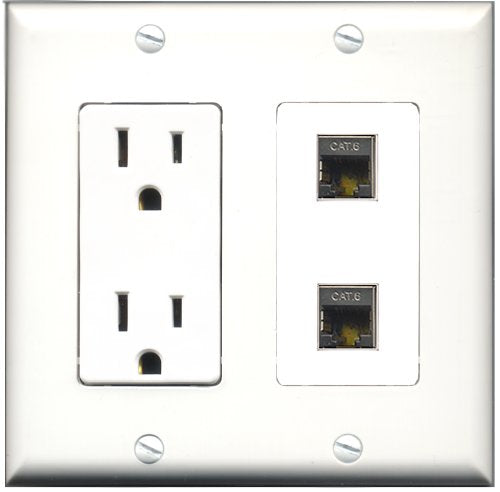RiteAV - 15 Amp Power Outlet 2 Port Shielded Cat6 Ethernet Decorative Type Wall Plate White