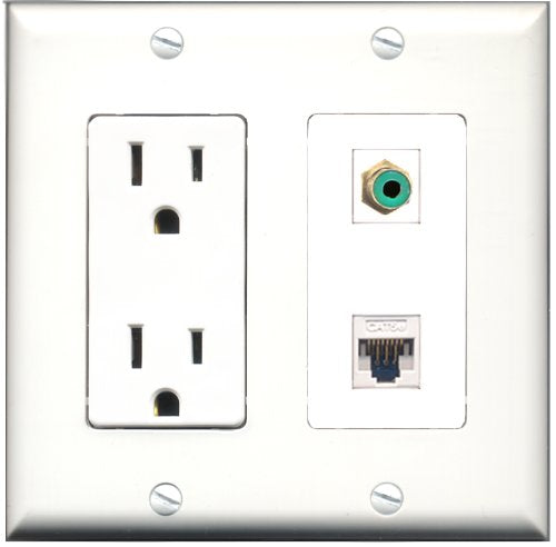 RiteAV - 15 Amp Power Outlet and 1 Port RCA Green and 1 Port Cat5e Ethernet White Decorative Type Wall Plate White