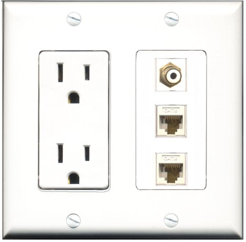 RiteAV - 15 Amp Power Outlet 1 Port RCA White 2 Port Cat6 Ethernet Ethernet White Decorative Wall Plate