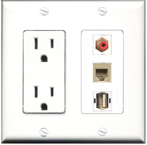RiteAV - 15 Amp Power Outlet 1 Port RCA Red 1 Port USB A-A 1 Port Phone Beige Decorative Wall Plate
