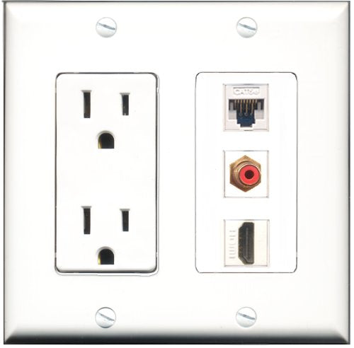 RiteAV - 15 Amp Power Outlet 1 Port HDMI 1 Port RCA Red 1 Port Cat5e Ethernet White Decorative Wall Plate