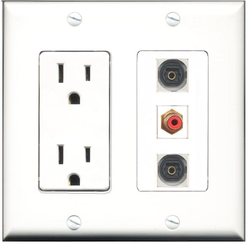 RiteAV - 15 Amp Power Outlet 1 Port RCA Red 2 Port Toslink Decorative Wall Plate