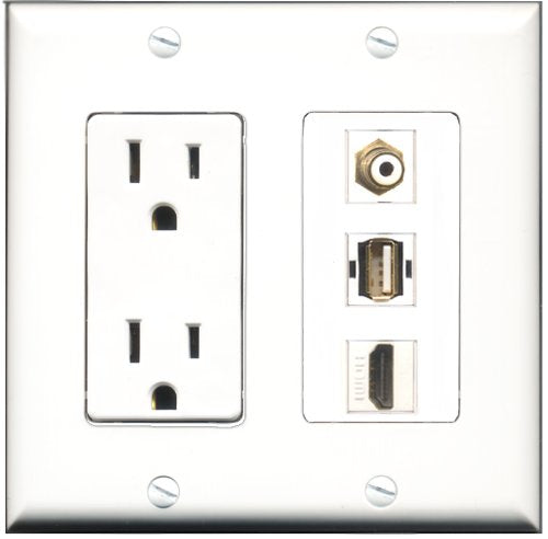 RiteAV - 15 Amp Power Outlet 1 Port HDMI 1 Port RCA White 1 Port USB A-A Decorative Wall Plate