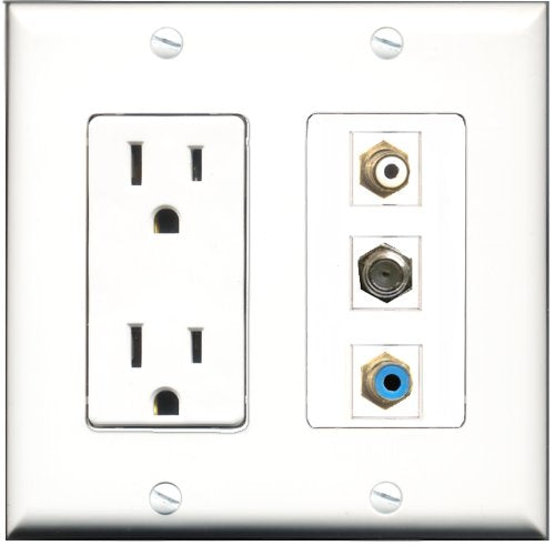 RiteAV - 15 Amp Power Outlet 1 Port RCA White 1 Port RCA Blue 1 Port Coax Decorative Wall Plate