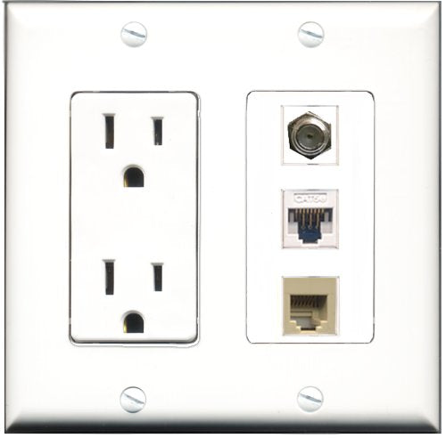 RiteAV - 15 Amp Power Outlet 1 Port Coax 1 Port Phone Beige 1 Port Cat5e Ethernet White Decorative Wall Plate