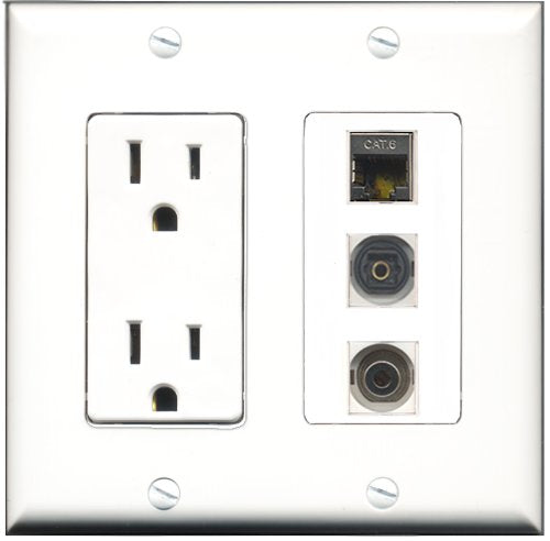 RiteAV - 15 Amp Power Outlet 1 Port Shielded Cat6 Ethernet Ethernet 1 Port Toslink 1 Port 3.5mm Decorative Wall Plate