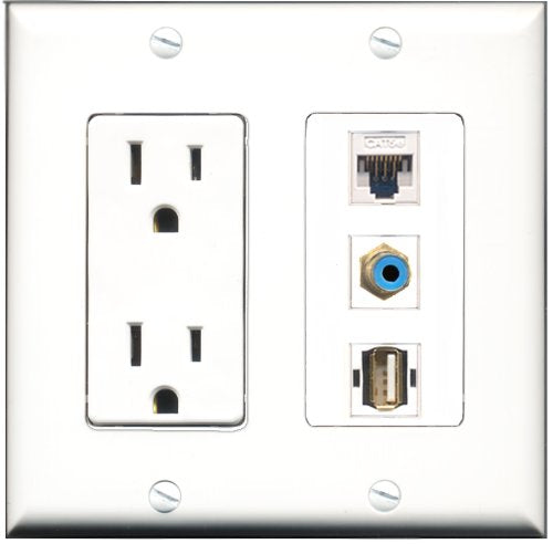 RiteAV - 15 Amp Power Outlet 1 Port RCA Blue 1 Port USB A-A 1 Port Cat5e Ethernet White Decorative Wall Plate