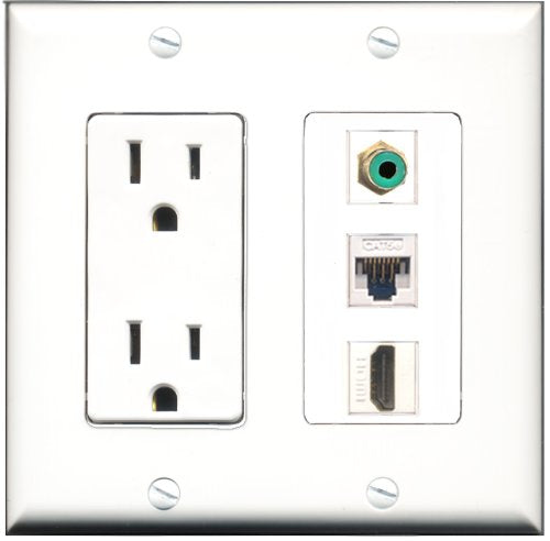 RiteAV - 15 Amp Power Outlet 1 Port HDMI 1 Port RCA Green 1 Port Cat5e Ethernet White Decorative Wall Plate