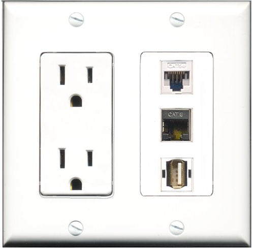 RiteAV - 15 Amp Power Outlet 1 Port USB A-A 1 Port Shielded Cat6 Ethernet Ethernet 1 Port Cat5e Ethernet White Decorative Wall Plate