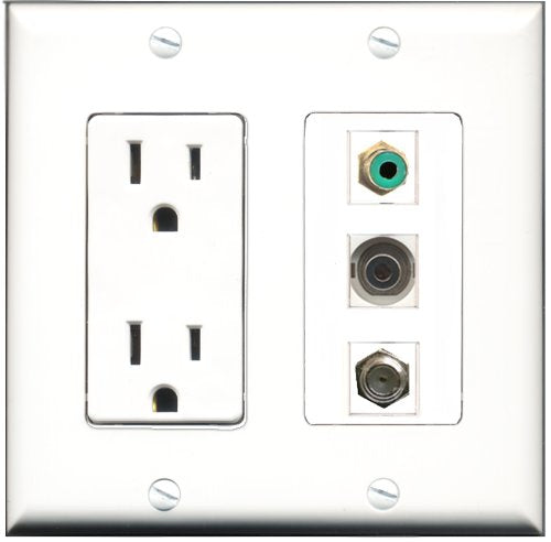 RiteAV - 15 Amp Power Outlet 1 Port RCA Green 1 Port Coax 1 Port 3.5mm Decorative Wall Plate