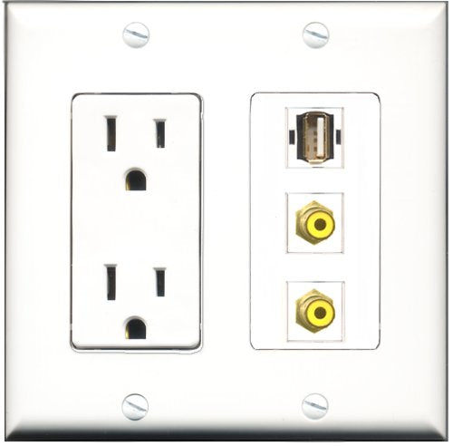 RiteAV - 15 Amp Power Outlet 2 Port RCA Yellow 1 Port USB A-A Decorative Wall Plate