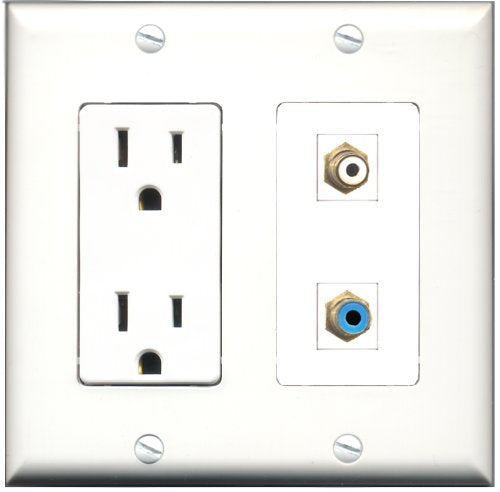 RiteAV - 15 Amp Power Outlet and 1 Port RCA White and 1 Port RCA Blue Decorative Type Wall Plate White