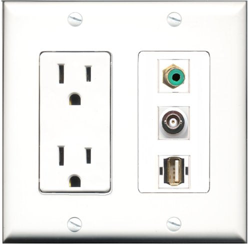 RiteAV - 15 Amp Power Outlet 1 Port RCA Green 1 Port USB A-A 1 Port BNC Decorative Wall Plate