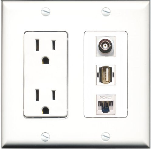 RiteAV - 15 Amp Power Outlet 1 Port USB A-A 1 Port BNC 1 Port Cat5e Ethernet White Decorative Wall Plate