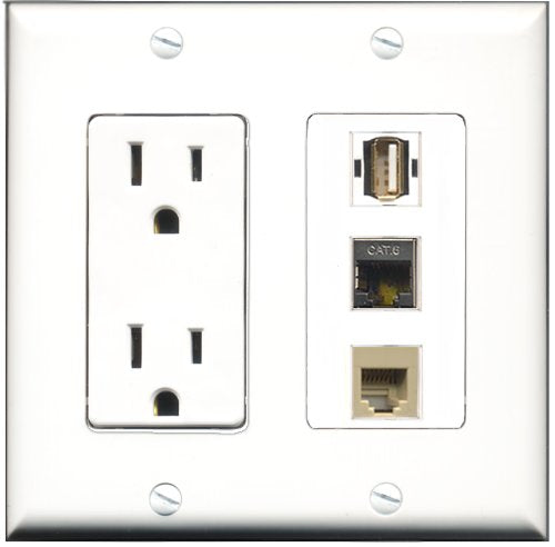 RiteAV - 15 Amp Power Outlet 1 Port USB A-A 1 Port Phone Beige 1 Port Shielded Cat6 Ethernet Ethernet Decorative Wall Plate