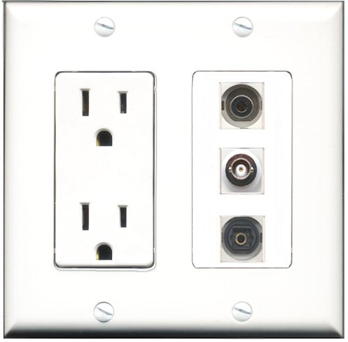 RiteAV - 15 Amp Power Outlet 1 Port Toslink 1 Port 3.5mm 1 Port BNC Decorative Wall Plate