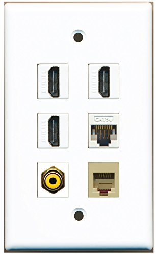 RiteAV - 3 HDMI 1 Port RCA Yellow 1 Port Phone RJ11 RJ12 Beige 1 Port Cat5e Ethernet White Wall Plate