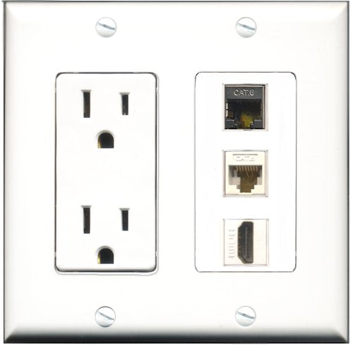 RiteAV - 15 Amp Power Outlet 1 Port HDMI 1 Port Shielded Cat6 Ethernet Ethernet 1 Port Cat6 Ethernet Ethernet White Decorative Wall Plate