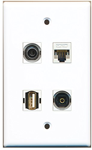 RiteAV - 1 Port USB A-A 1 Port Toslink 1 Port 3.5mm 1 Port Cat5e Ethernet White Wall Plate