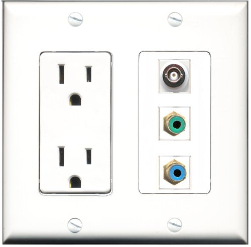 RiteAV - 15 Amp Power Outlet 1 Port RCA Green 1 Port RCA Blue 1 Port BNC Decorative Wall Plate