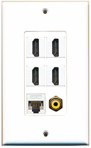 RiteAV - 4 Port HDMI 1 RCA Yellow 1 Cat5e Ethernet White Wall Plate Decorative