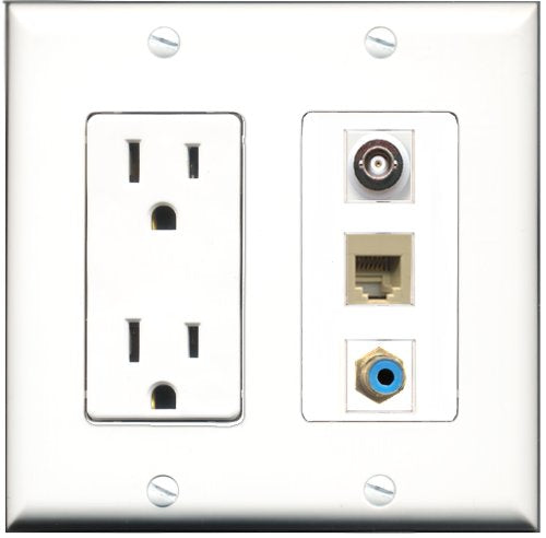 RiteAV - 15 Amp Power Outlet 1 Port RCA Blue 1 Port Phone Beige 1 Port BNC Decorative Wall Plate