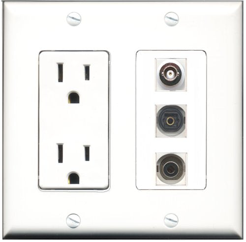 RiteAV - 15 Amp Power Outlet 1 Port Toslink 1 Port 3.5mm 1 Port BNC Decorative Wall Plate