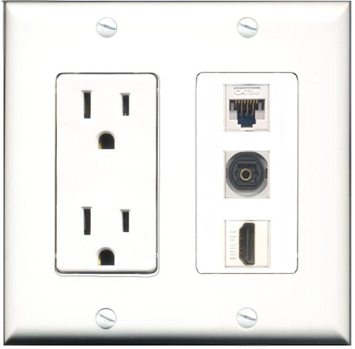 RiteAV - 15 Amp Power Outlet 1 Port HDMI 1 Port Toslink 1 Port Cat5e Ethernet White Decorative Wall Plate