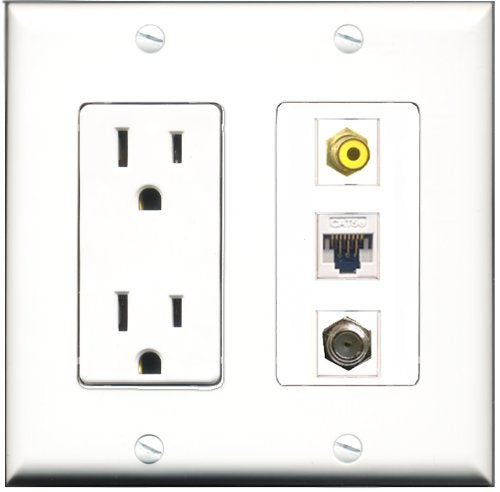 RiteAV - 15 Amp Power Outlet 1 Port RCA Yellow 1 Port Coax 1 Port Cat5e Ethernet White Decorative Wall Plate
