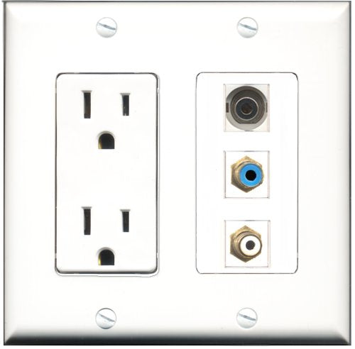 RiteAV - 15 Amp Power Outlet 1 Port RCA White 1 Port RCA Blue 1 Port 3.5mm Decorative Wall Plate